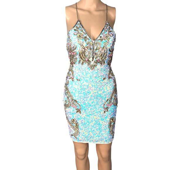 Primavera Couture White Backless Mini Dress w Iridescent Sequins Size 2 Bodycon - Picture 3 of 8